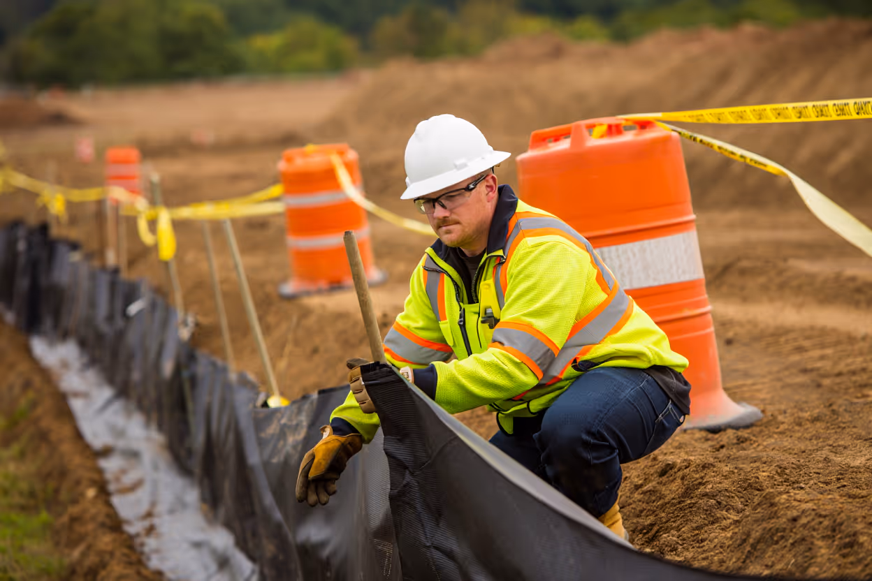 Construction worker wearing safety gear installing a black barrier at a worksite with orange traffic barrels and caution tape in the background.