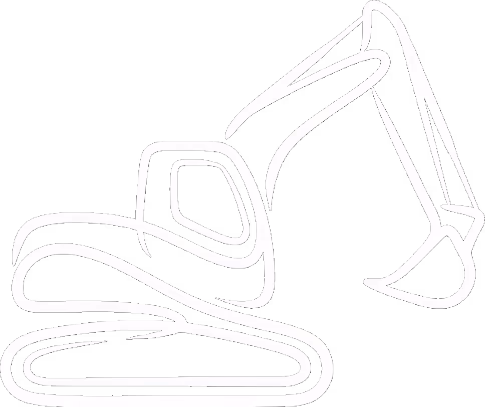 White outline of an excavator construction vehicle on a transparent background.
