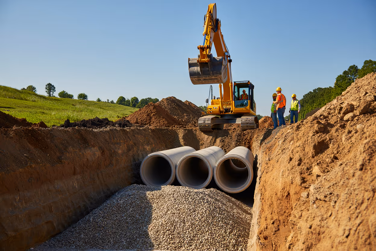 Excavator placing large concrete pipes in a trench with three workers observing the construction site.