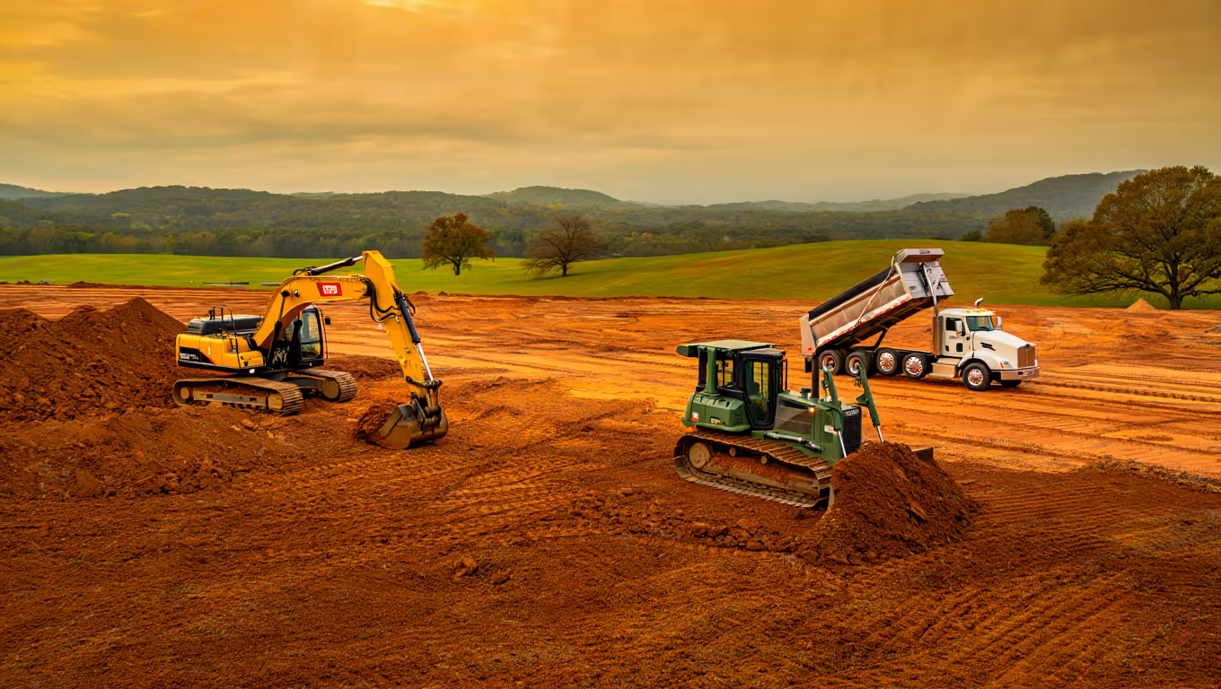 Construction site with yellow excavator, green bulldozer, and white dump truck with raised bed on orange dirt field under cloudy sky.