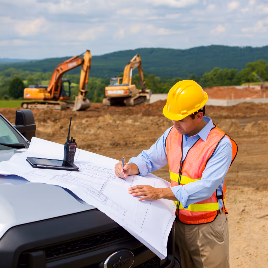 Construction worker wearing a yellow hard hat and orange safety vest reviewing blueprints on a truck hood at a construction site with excavators in the background.