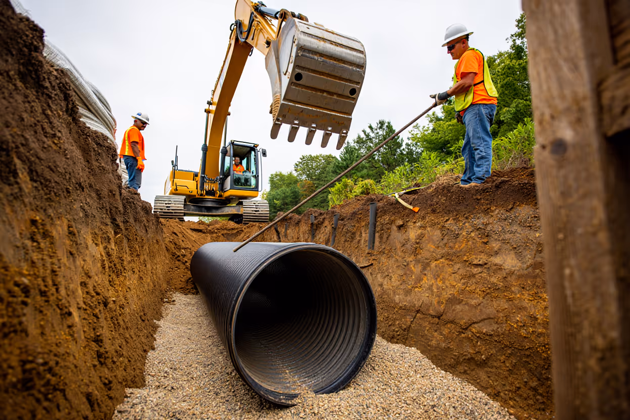 Construction workers in safety gear guiding large black drainage pipe into trench with excavator on site.