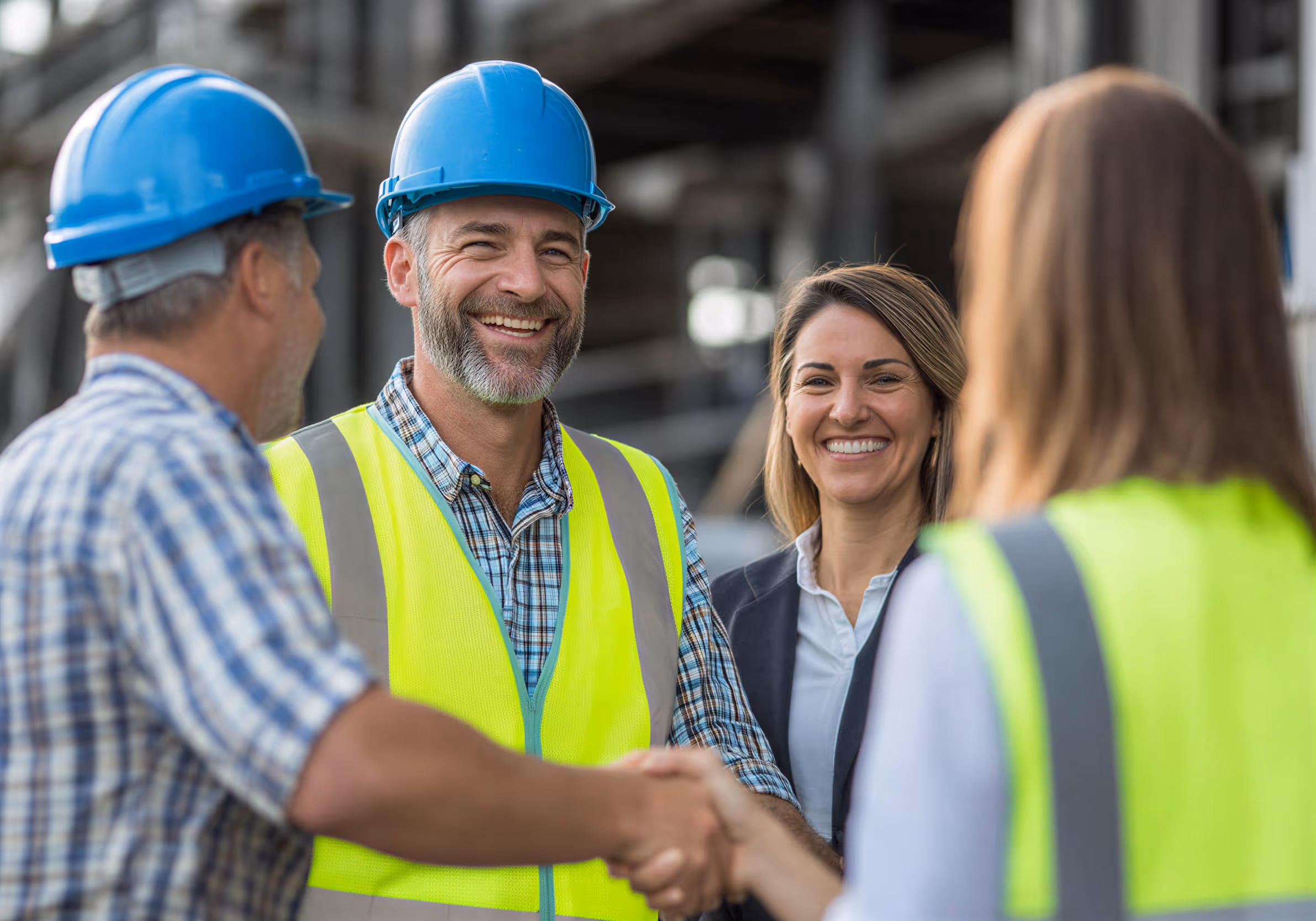Two construction workers in blue helmets and yellow safety vests shaking hands with two smiling colleagues on a worksite.