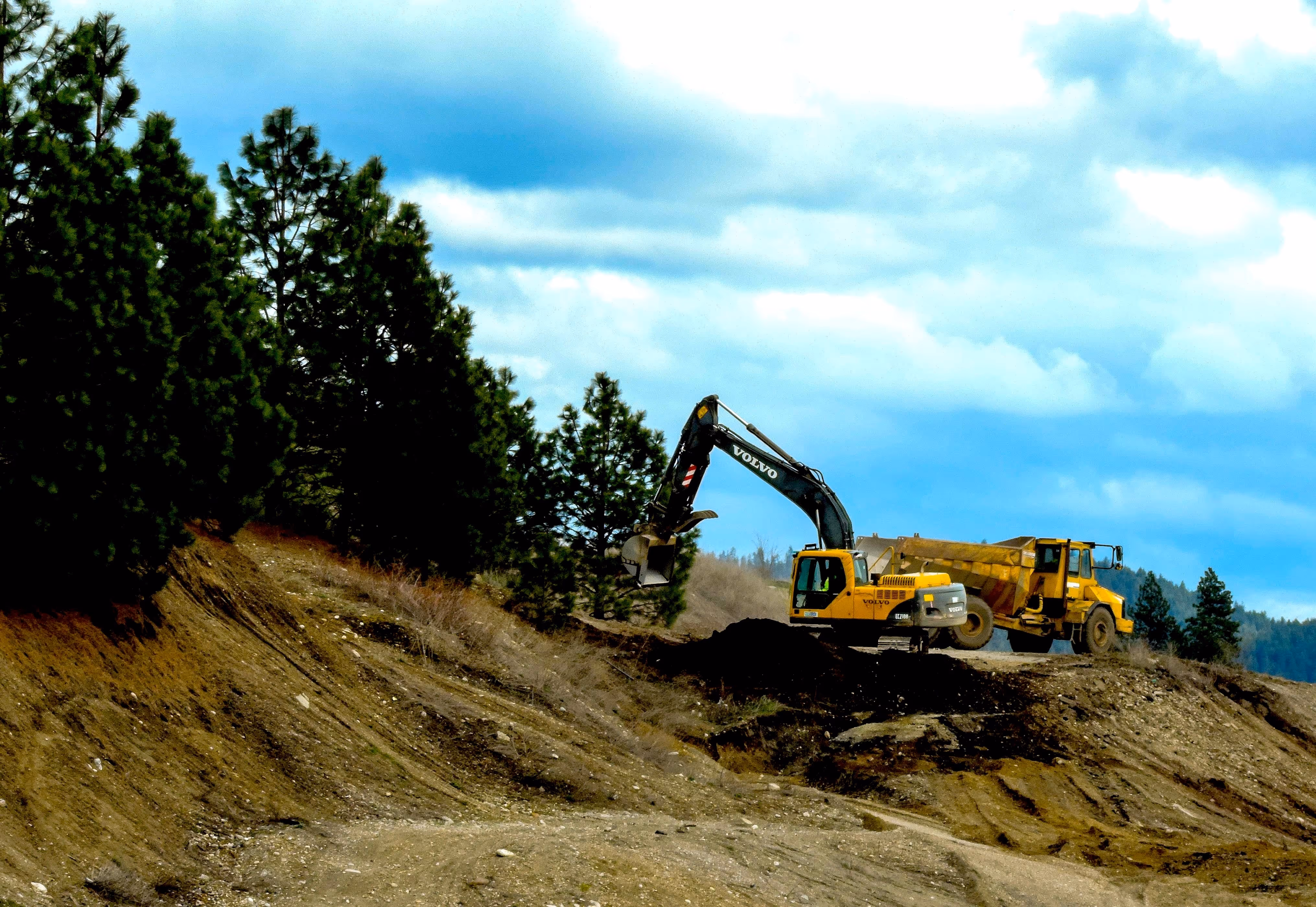 Yellow Volvo excavator loading dirt into a dump truck at a construction site near pine trees under a blue sky.