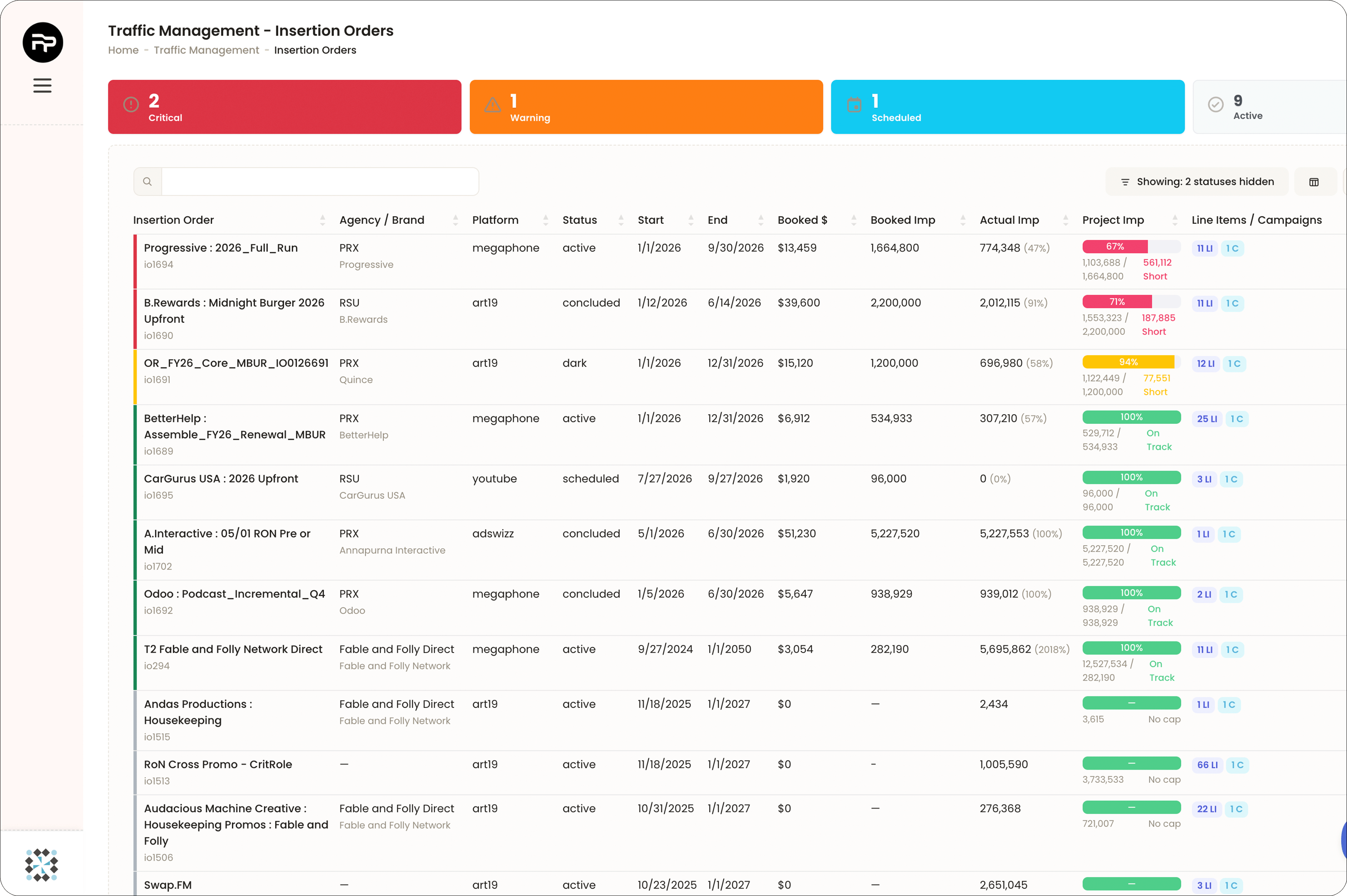 Dashboard showing insertion orders with statuses, dates, booked amounts, impressions, and project progress bars.