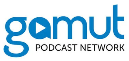 Gamut podcast network logo with stylized blue text and a play button triangle in the letter g.