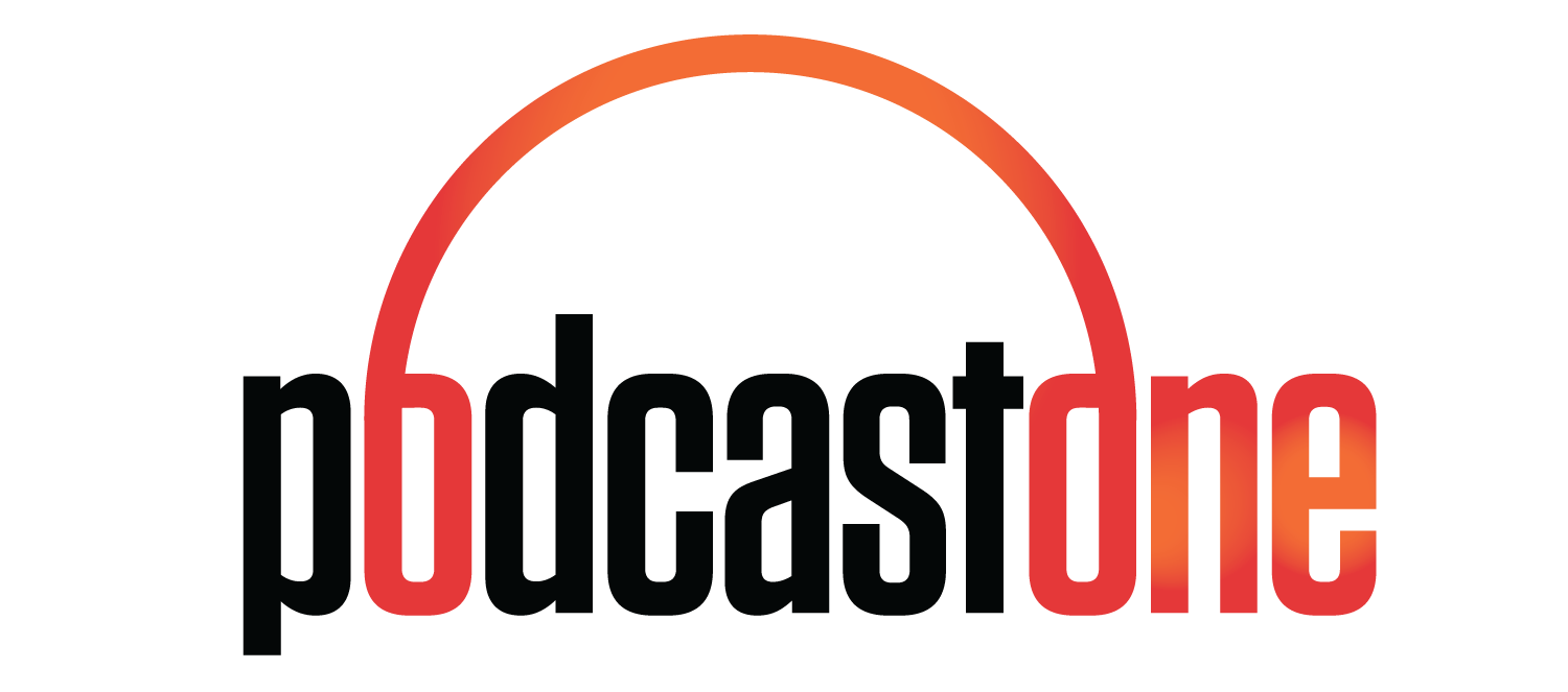 PodcastOne logo with text in black and orange and a headphone-shaped arc over the letters.