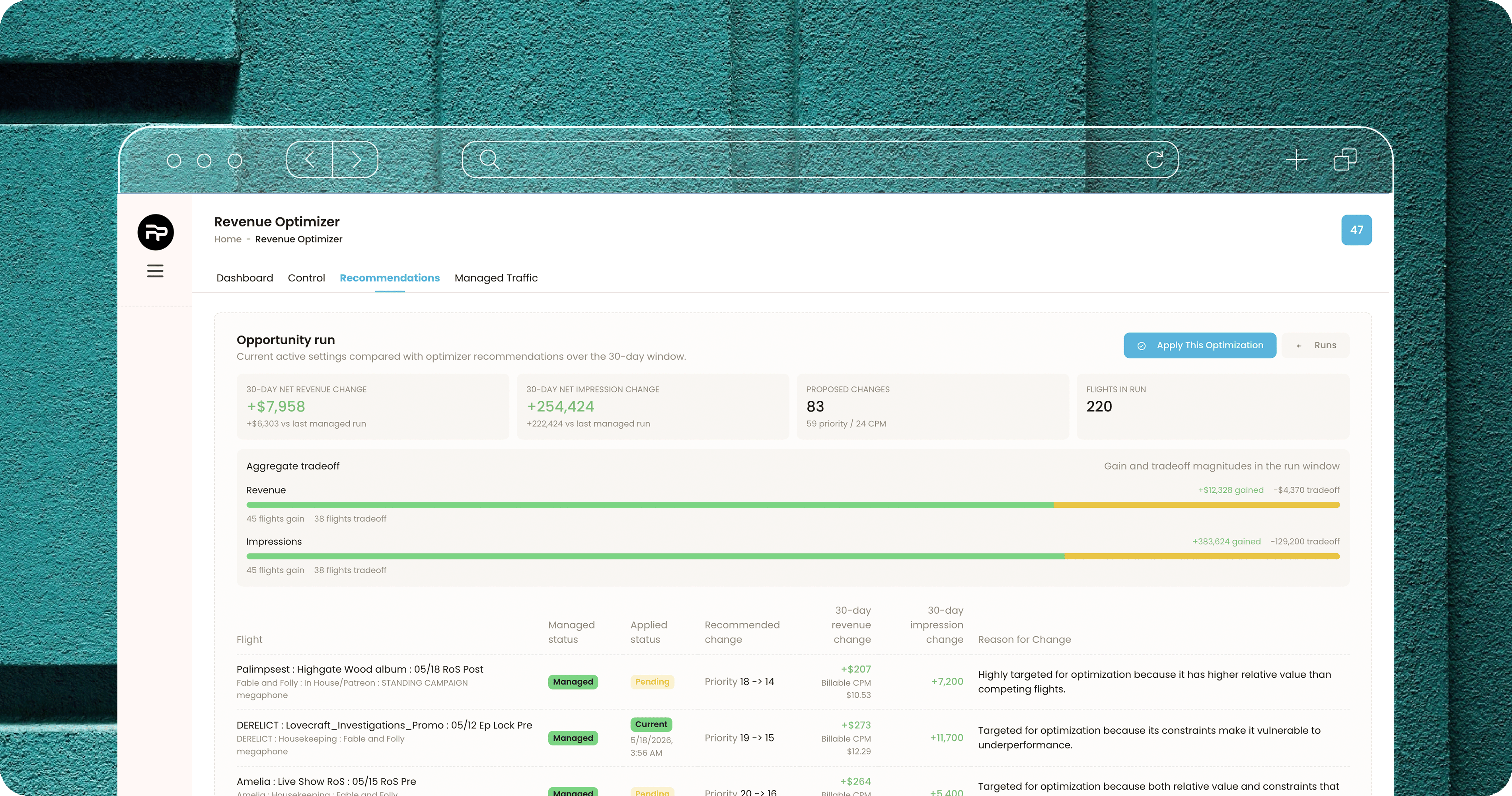Dashboard screen of Revenue Optimizer tool showing opportunity run metrics and flight optimization recommendations.