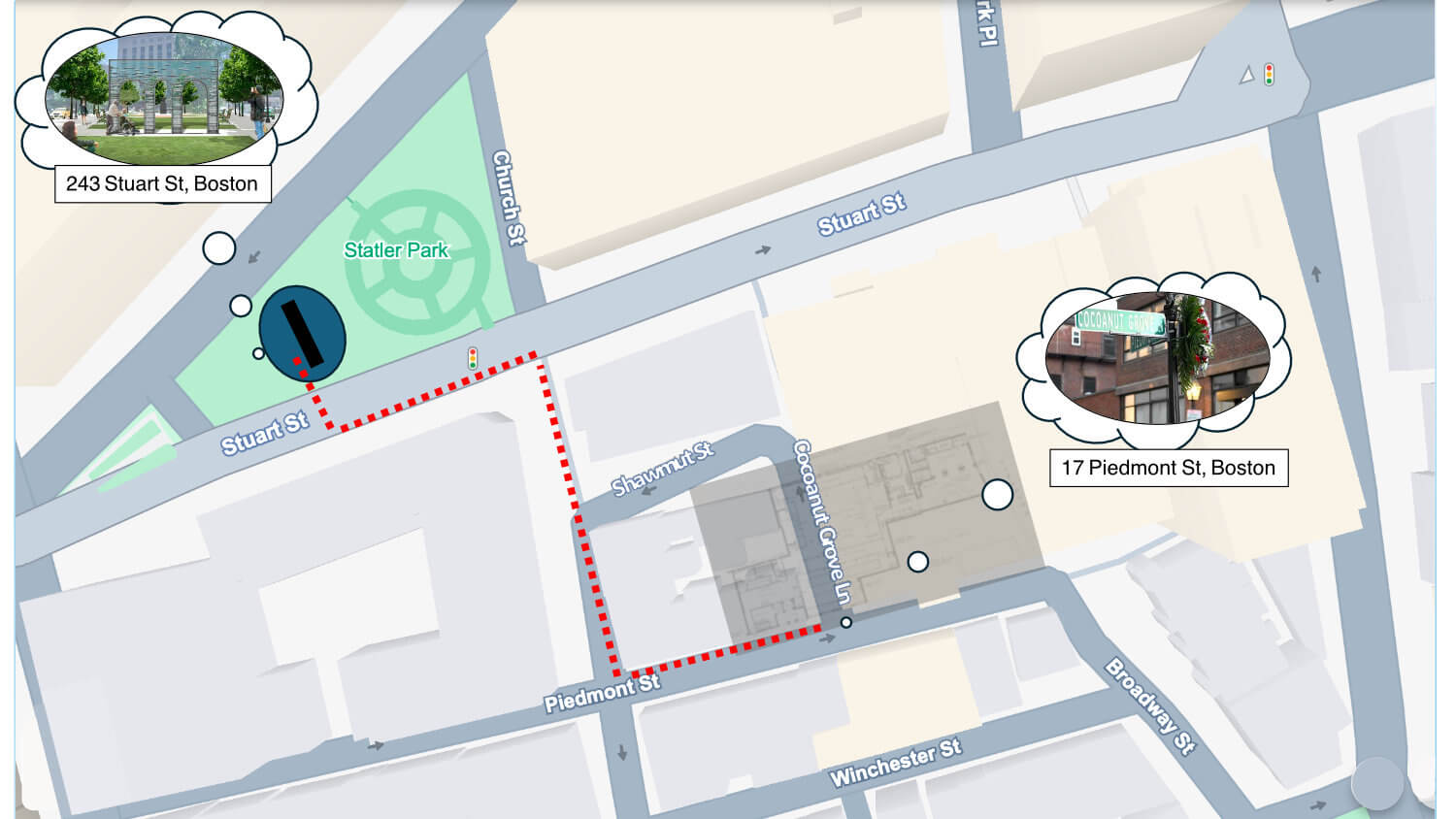 Map view of memorial an original location of Cocoanut Grove 