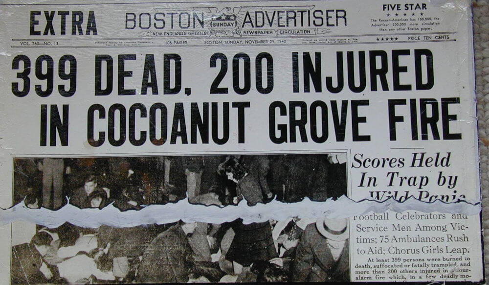 Boston Advertiser newspaper article headline "399 Dead. 200 Inured in Cocoanut Grove Fire"