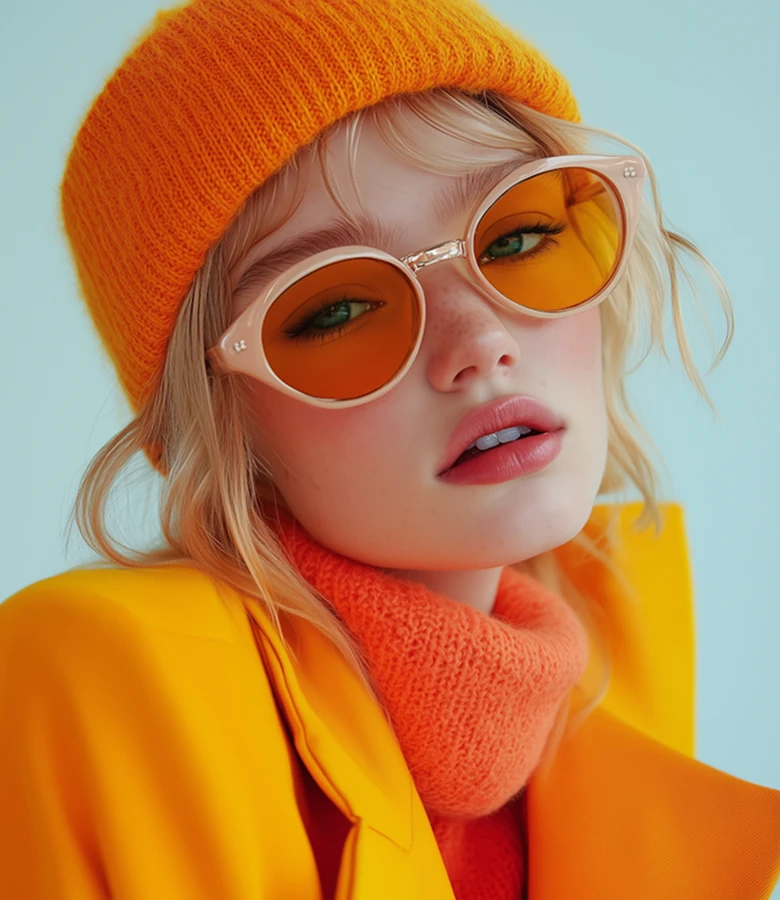 Young woman wearing orange knit beanie, orange-tinted sunglasses, orange scarf, and yellow jacket against a light blue background.