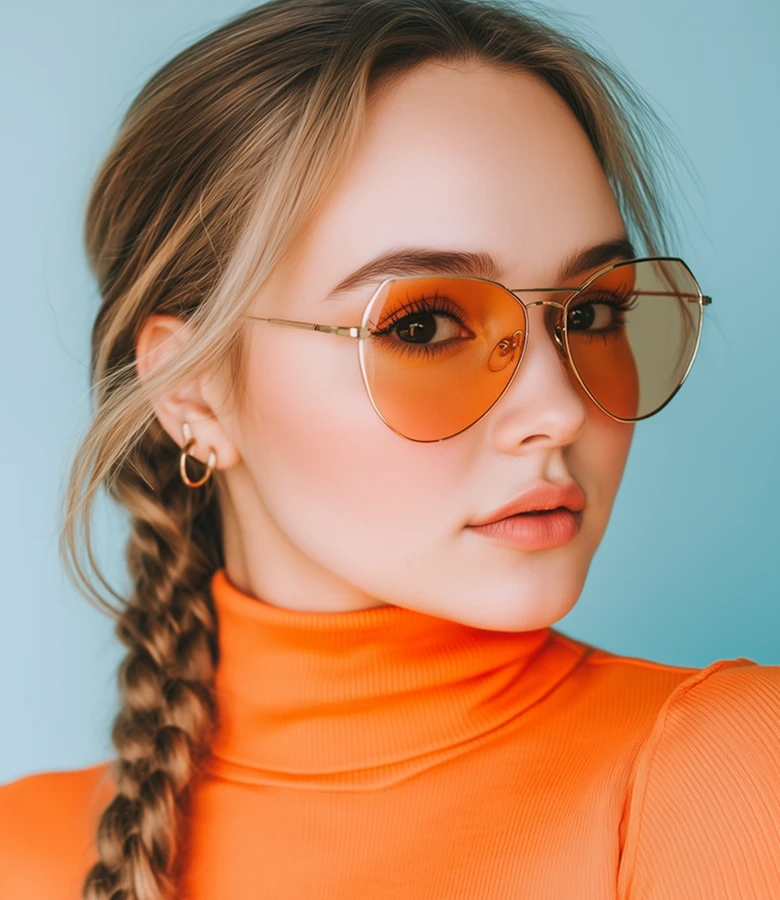Close-up of a woman with braided hair wearing orange-tinted aviator sunglasses and an orange turtleneck sweater.