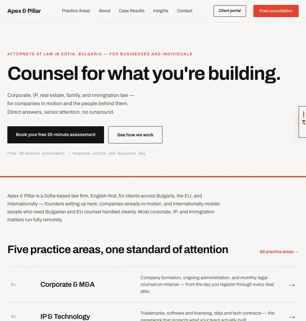 Website design, build and content for an English-first Sofia law firm covering corporate, IP, real estate, family and immigration law.