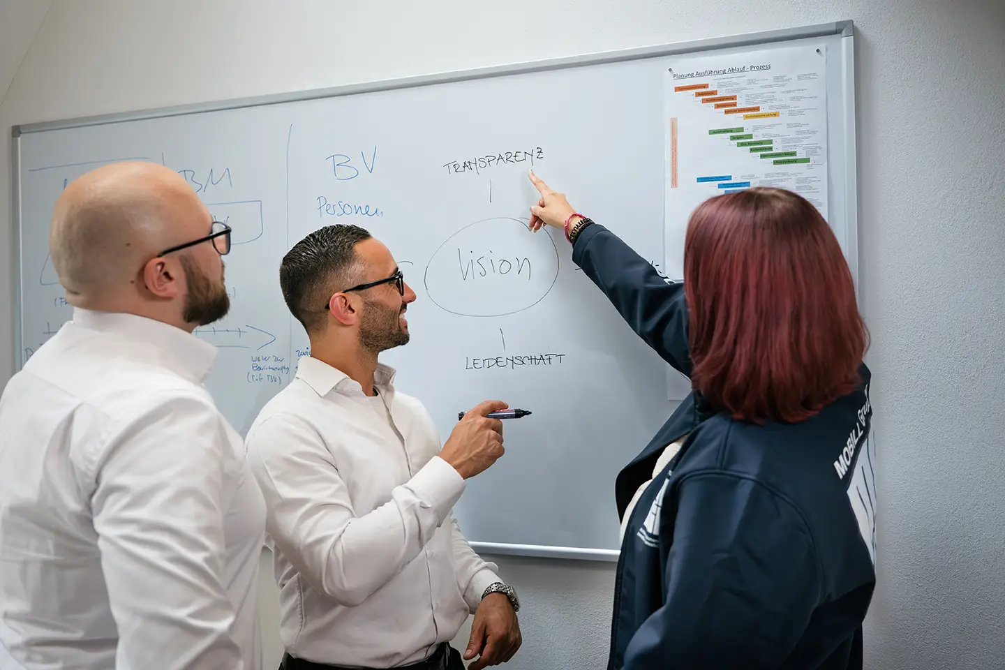 Drei Personen besprechen am Whiteboard die Begriffe Vision, Transparenz und Leidenschaft.