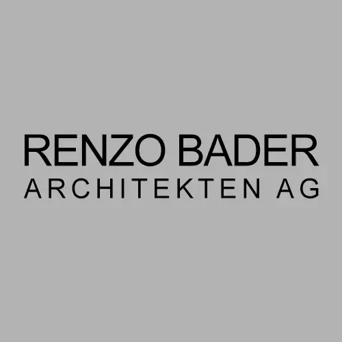 Schriftzug Renzo Bader Architekten AG auf grauem Hintergrund.