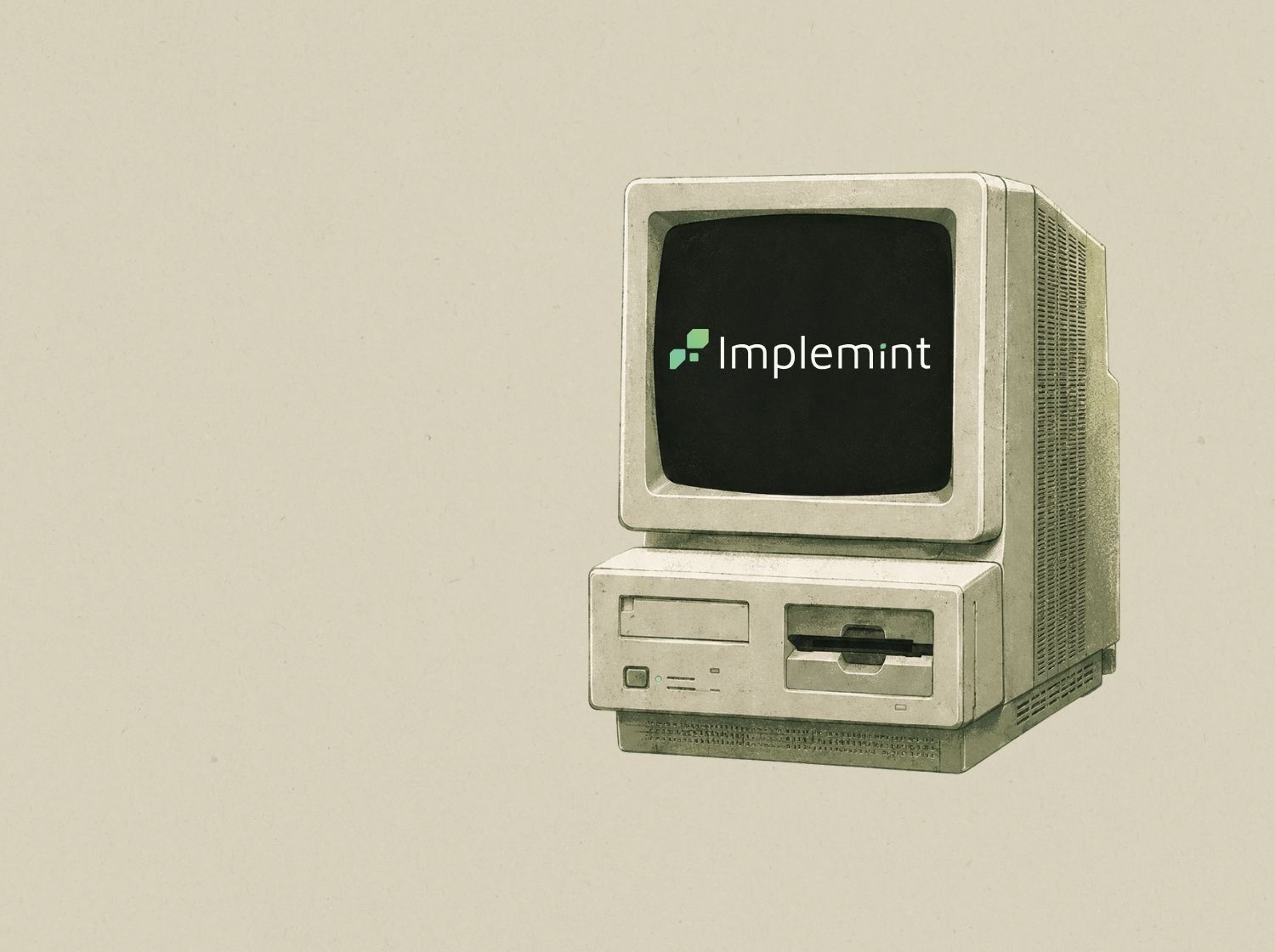 Implemint brand identity — retro computer displaying the Implemint logo