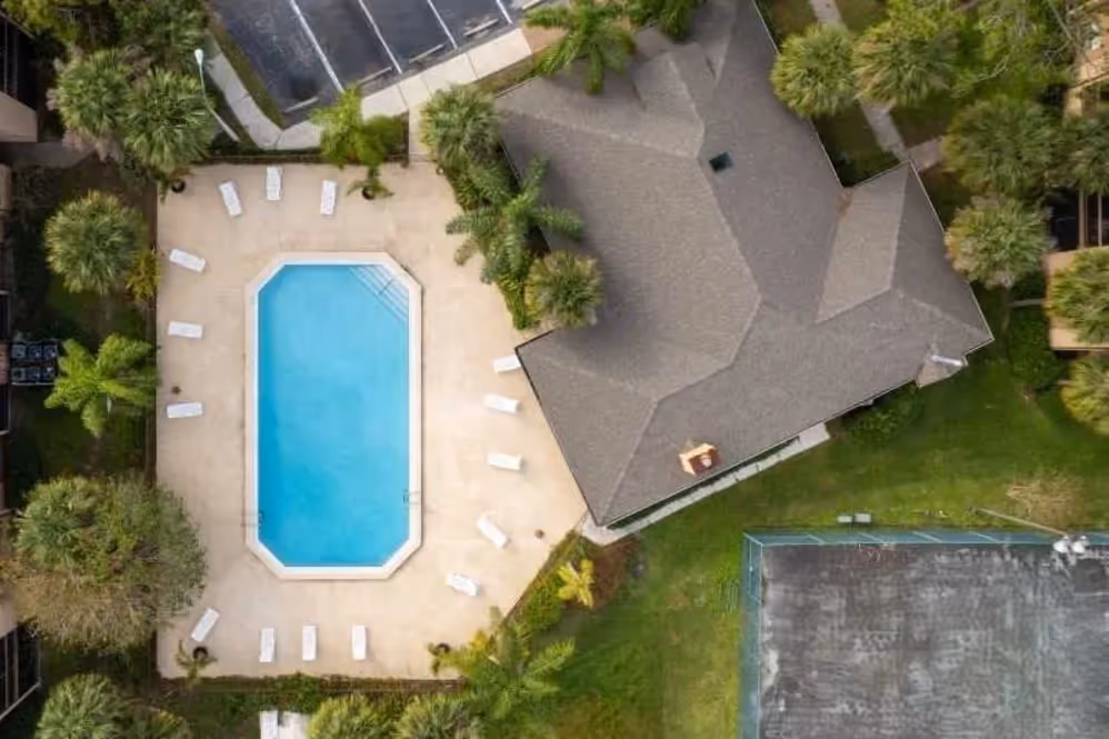 Overhead view of swimming pool with trees