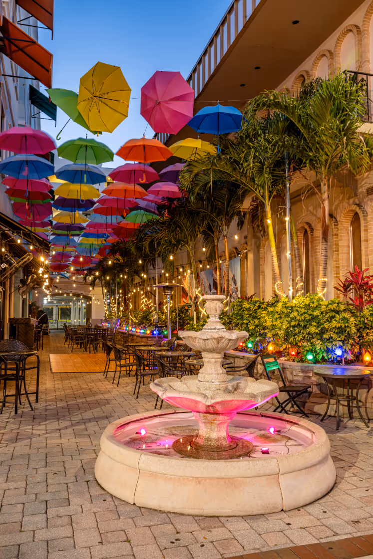 Umbrella display on main street in Kissimmee, Florida stock image