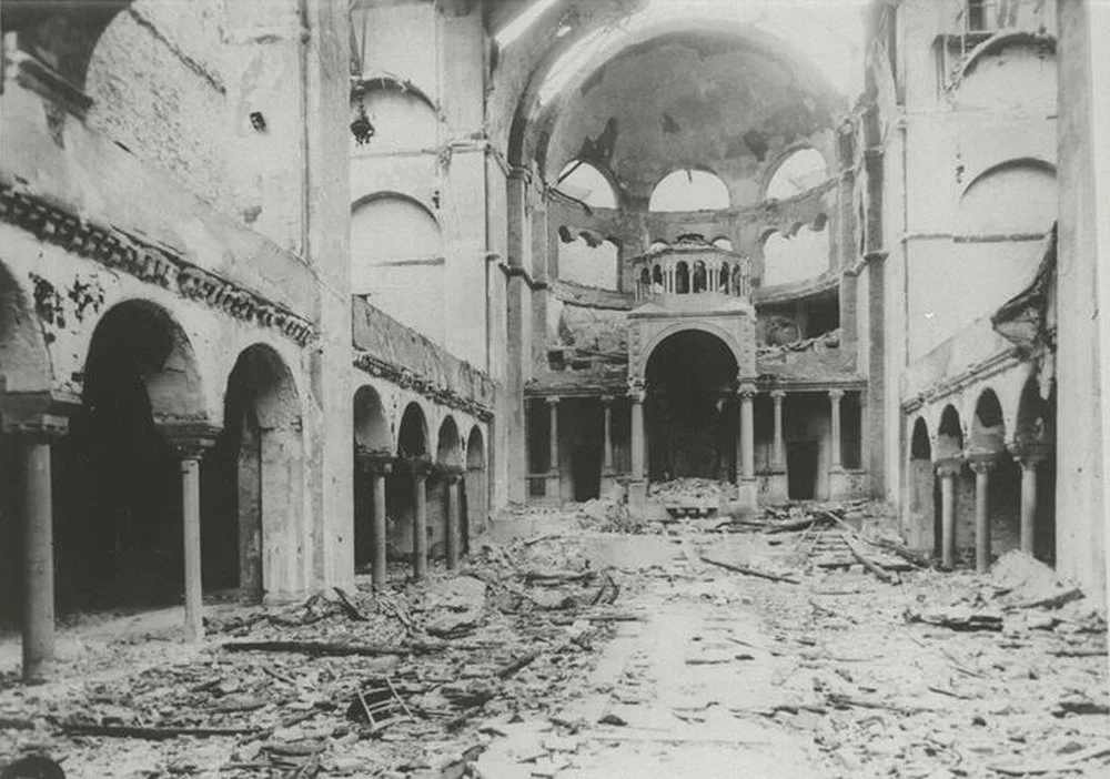Partially destroyed Fasanenstrasse Synagogue in Berlin (Photo Credit: Public Domain)