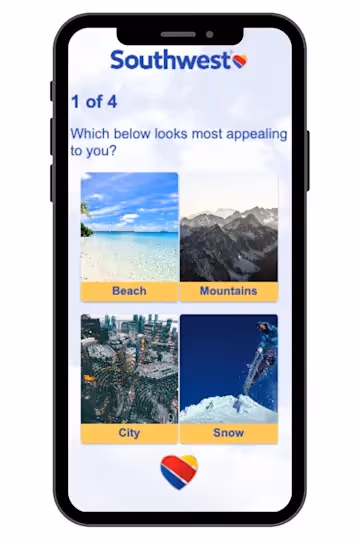 An image of how Southwest used BlueConic for customer segmentation modeling to ask the user for information that can lead to psychographic segmentation, such as what type of vacation appeals to them the most.