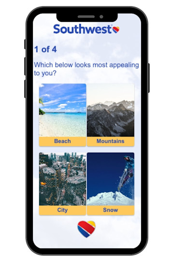 An image of how Southwest used BlueConic for customer segmentation modeling to ask the user for information that can lead to psychographic segmentation, such as what type of vacation appeals to them the most.