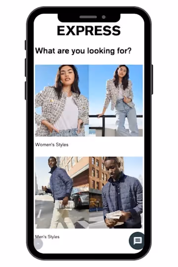 An image of Express using BlueConic Experiences to ask what the consumer is looking for so they could understand their customers preferences and customize their marketing based on needs-based segments as an example of customer segmentation model.