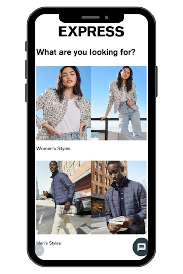 An image of Express using BlueConic Experiences to ask what the consumer is looking for so they could understand their customers preferences and customize their marketing based on needs-based segments as an example of customer segmentation model.