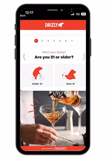 BlueConic Experiences powering a customer segmentation model for Drizly, prompting users to provide demographic information (such as age) to inform segmentation.