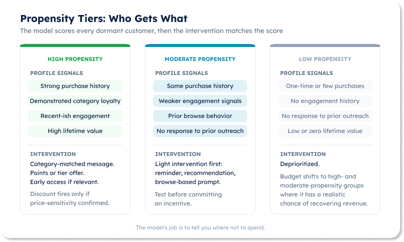 Propensity tiers: who gets what. High, moderate, and low propensity segments with their profile signals and corresponding interventions.