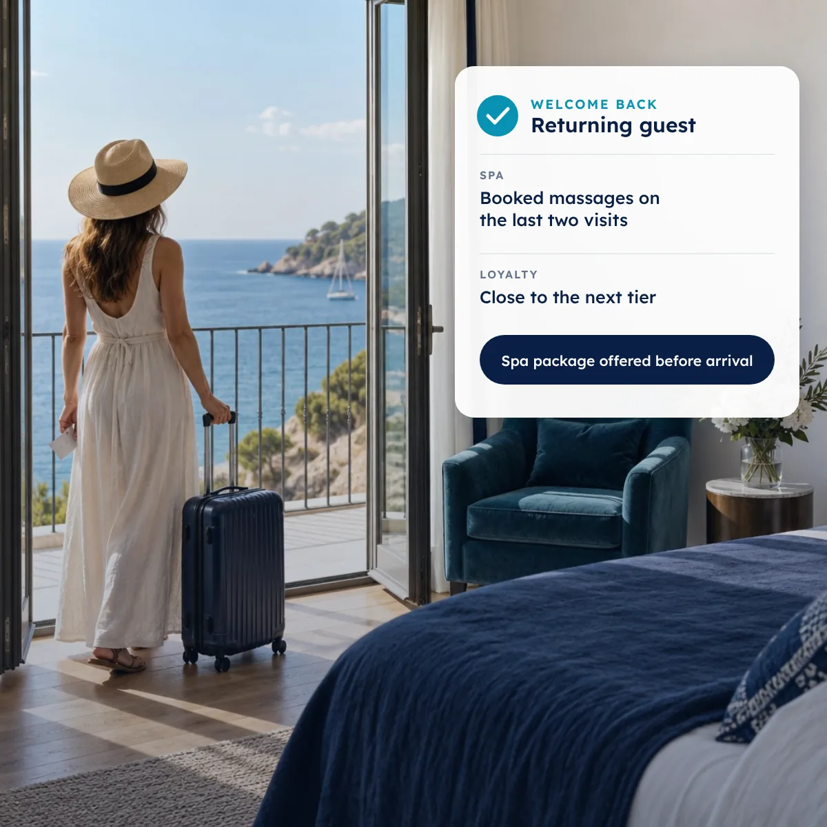 Returning hotel guest arriving at a sea-view suite, recognized by her spa and loyalty history