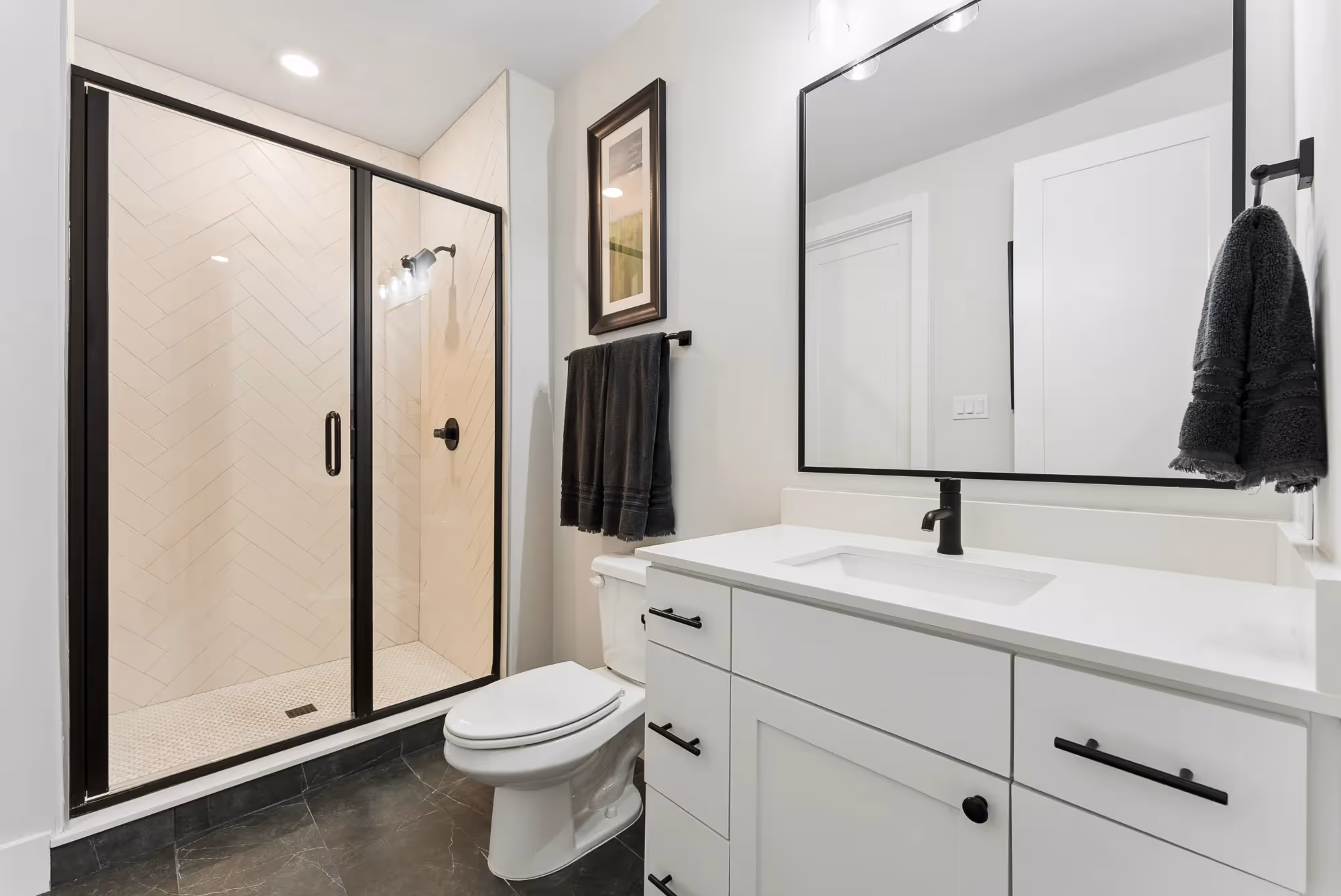 White bathroom vanity with walk-in shower and toilet