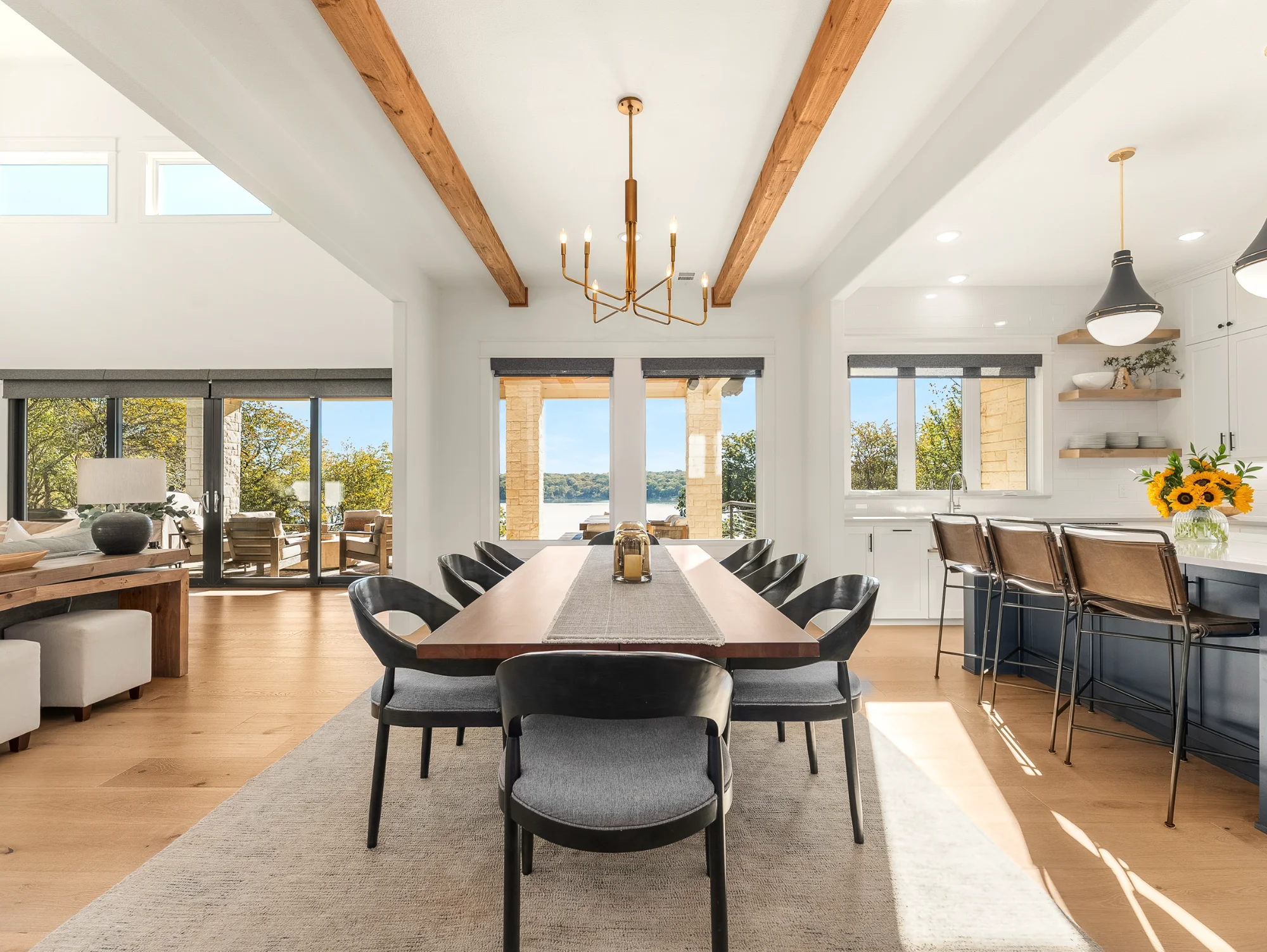 Bright open dining area with long table
