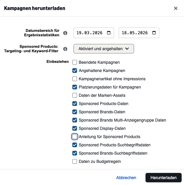 Amazon Ads Bulk File mit Suchbegriffsdaten herunterladen