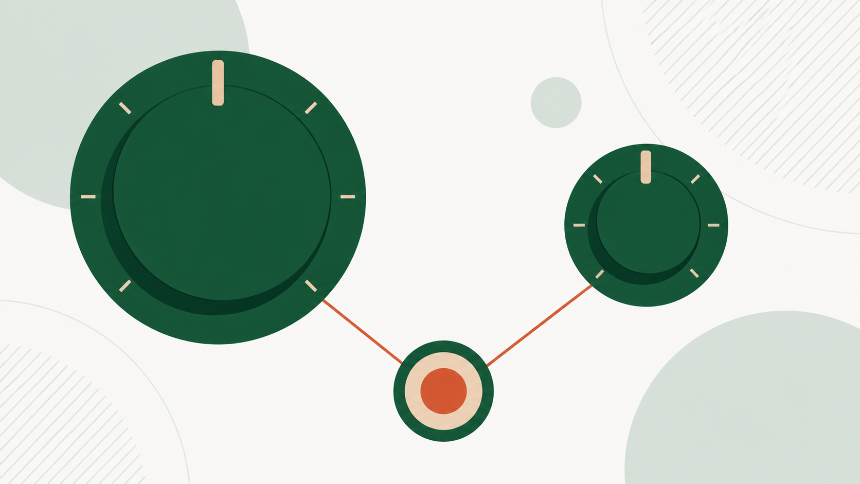 Flat-Illustration: zwei grüne Drehregler unterschiedlicher Größe, verbunden über terracotta-farbene Linien mit einer kleinen Zielscheibe in der Mitte als gemeinsamem Anker