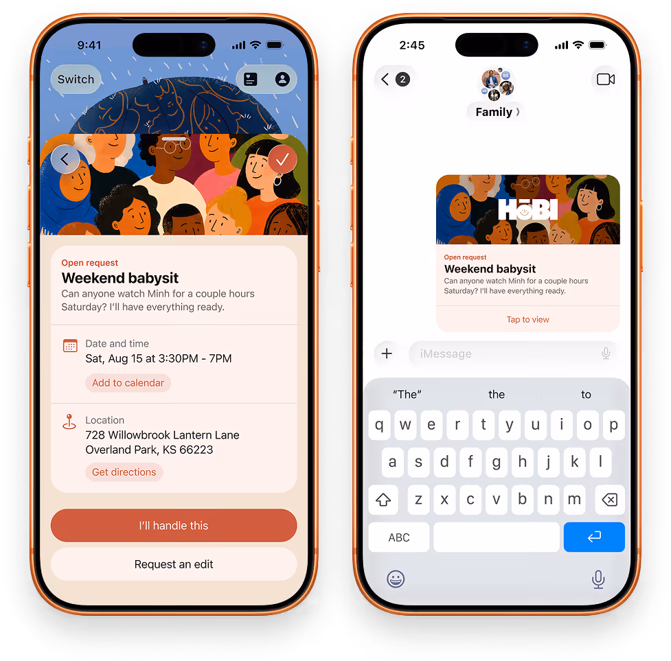 Two iPhone screens of the Hōbi app: the Help tab with ‘Still open’ and ‘Past needs’ sections, and the Ask for help creation sheet.