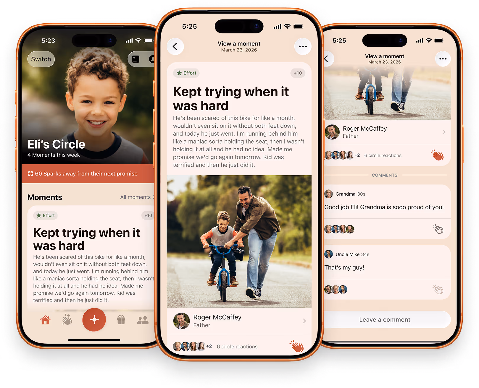 Three iPhone screens of the Hōbi app showing Eli's Circle and the Effort moment ‘Kept trying when it was hard,’ with a photo of a dad helping him ride a bike and Circle comments.