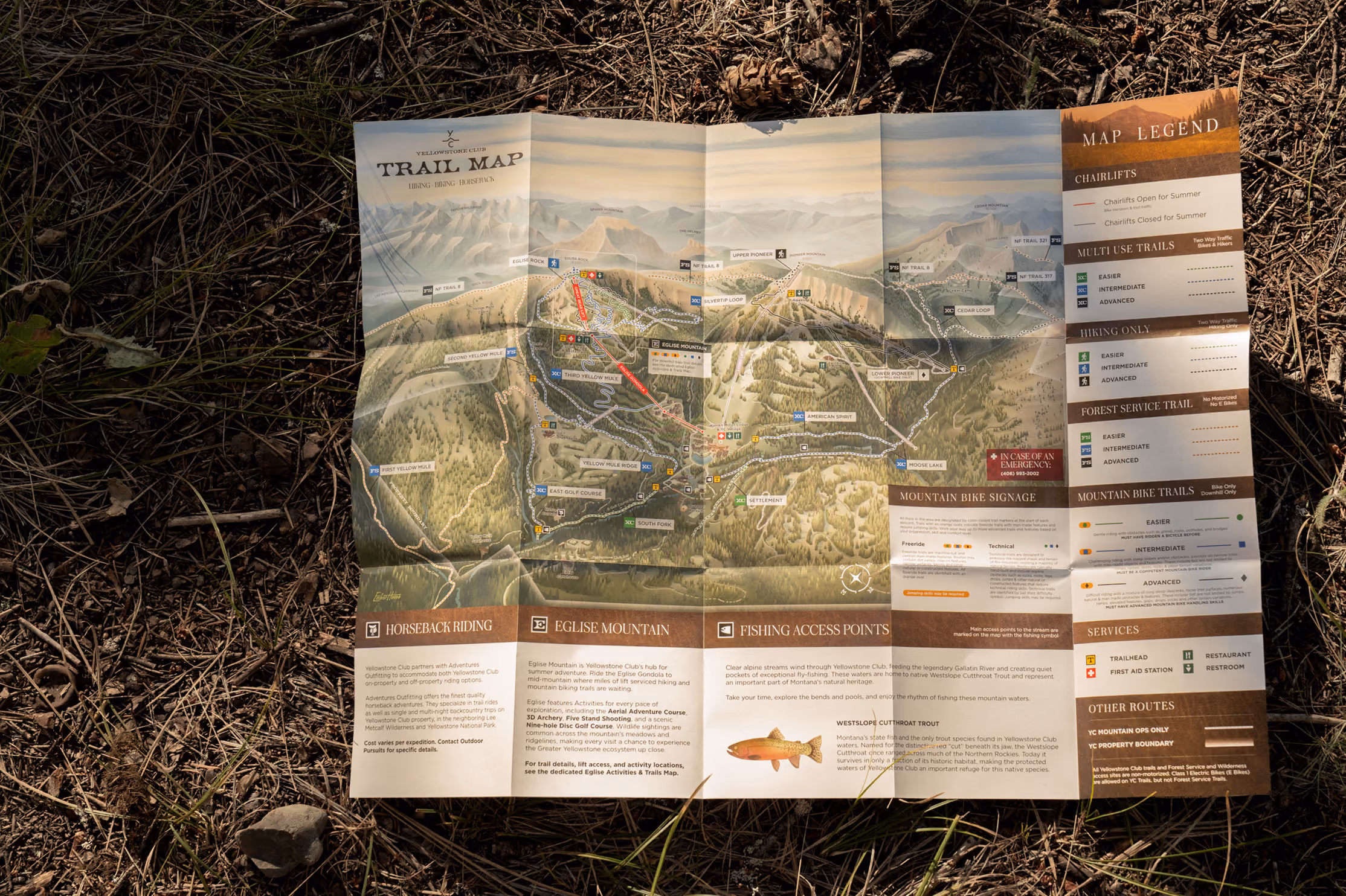 The printed full property trail map unfolded on the forest floor