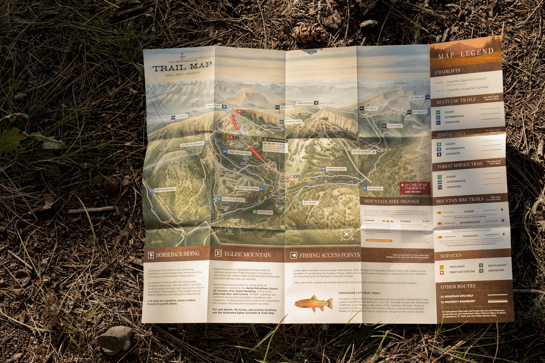 The printed full property trail map unfolded on the forest floor