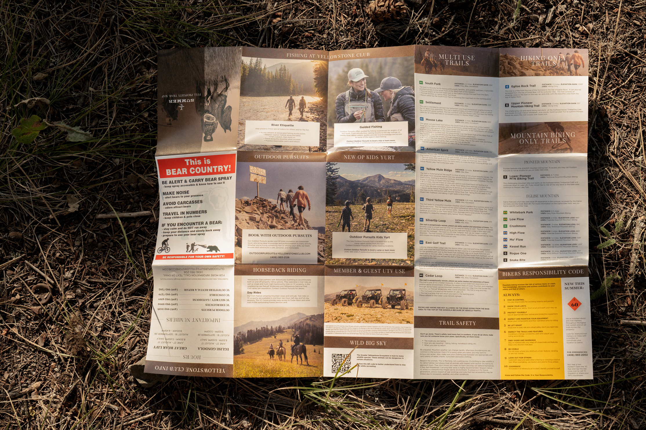 The reverse side of the printed map, showing activity guides, trail etiquette and safety information
