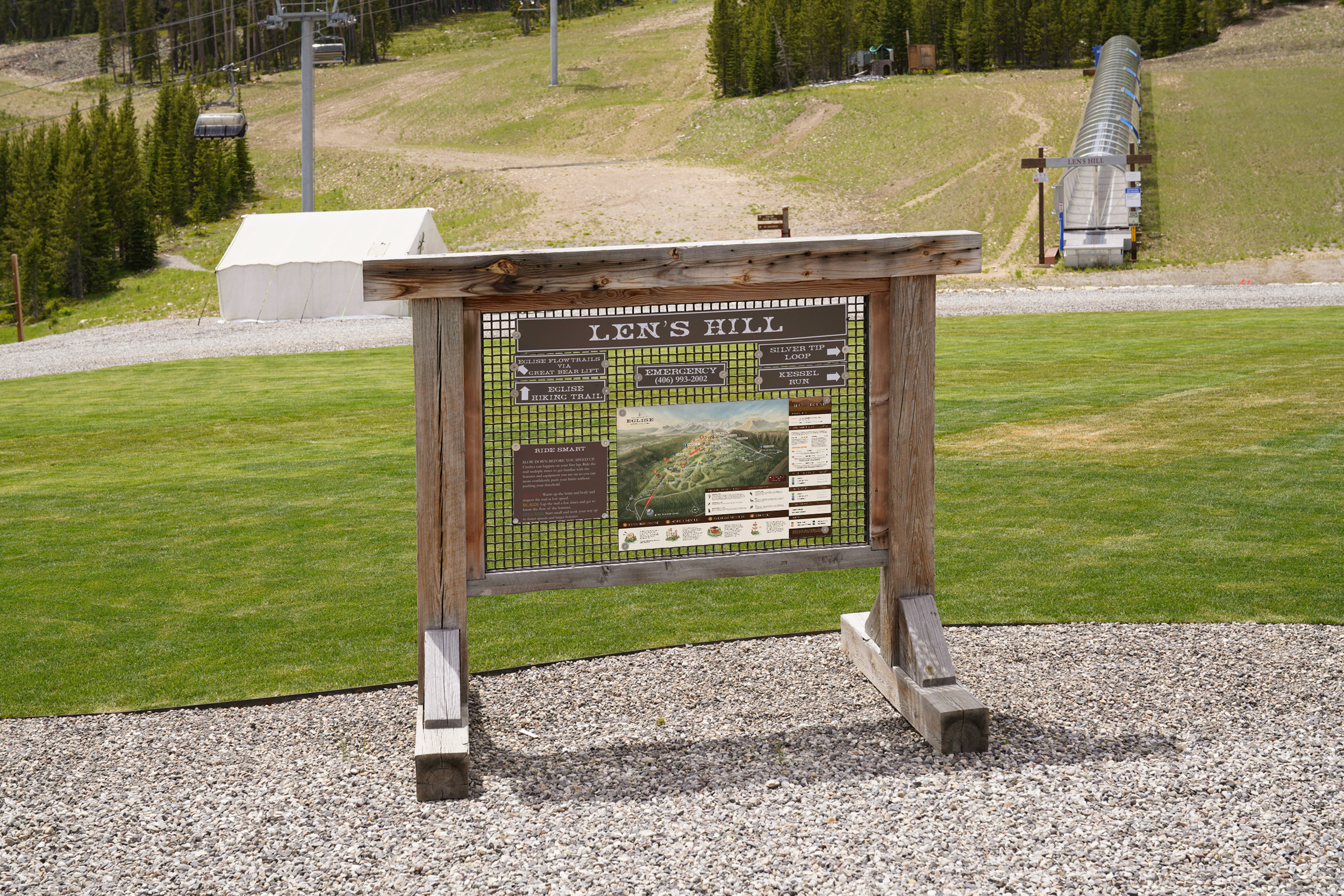 The map mounted on a timber trailhead kiosk at Len's Hill