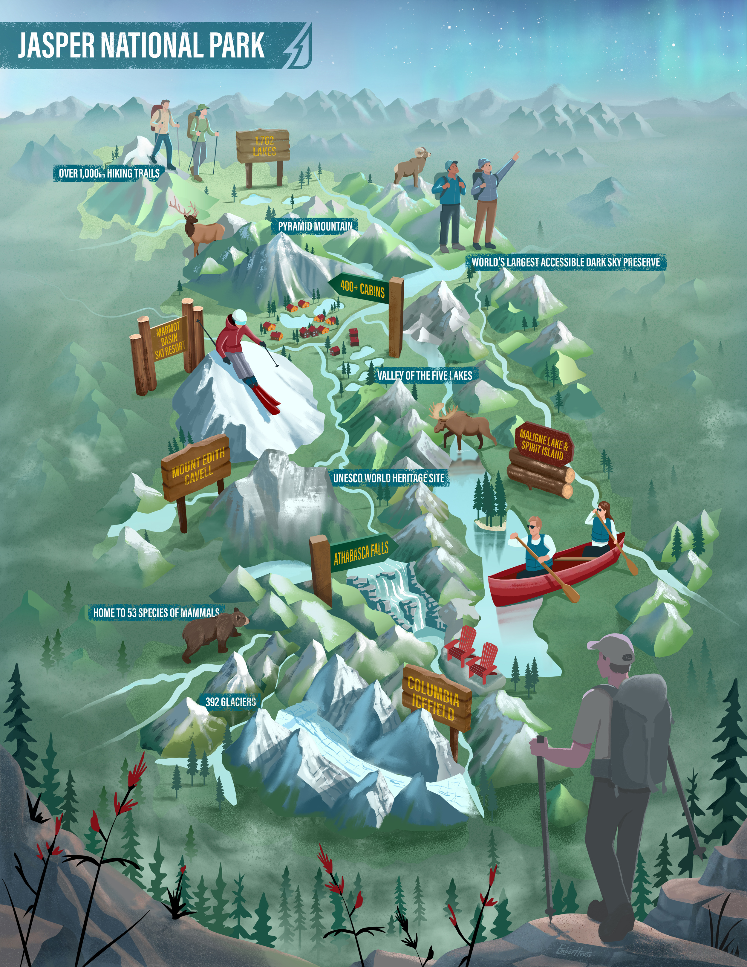 The complete Jasper National Park overview map illustration
