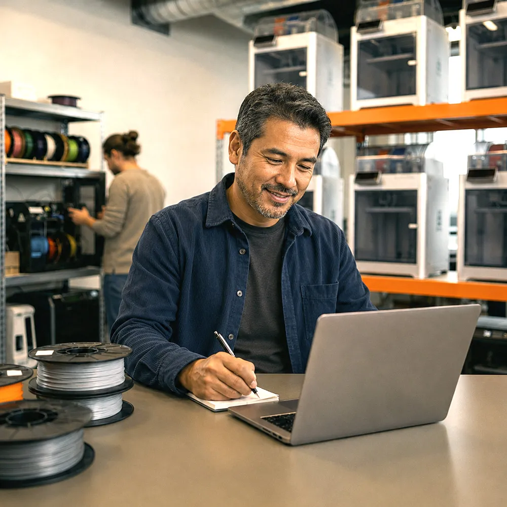 Middle-aged Latino man using a laptop and writing at a worktable in a 3D printing workshop, with filament spools, 3D printers on shelves, and a coworker in the background.
