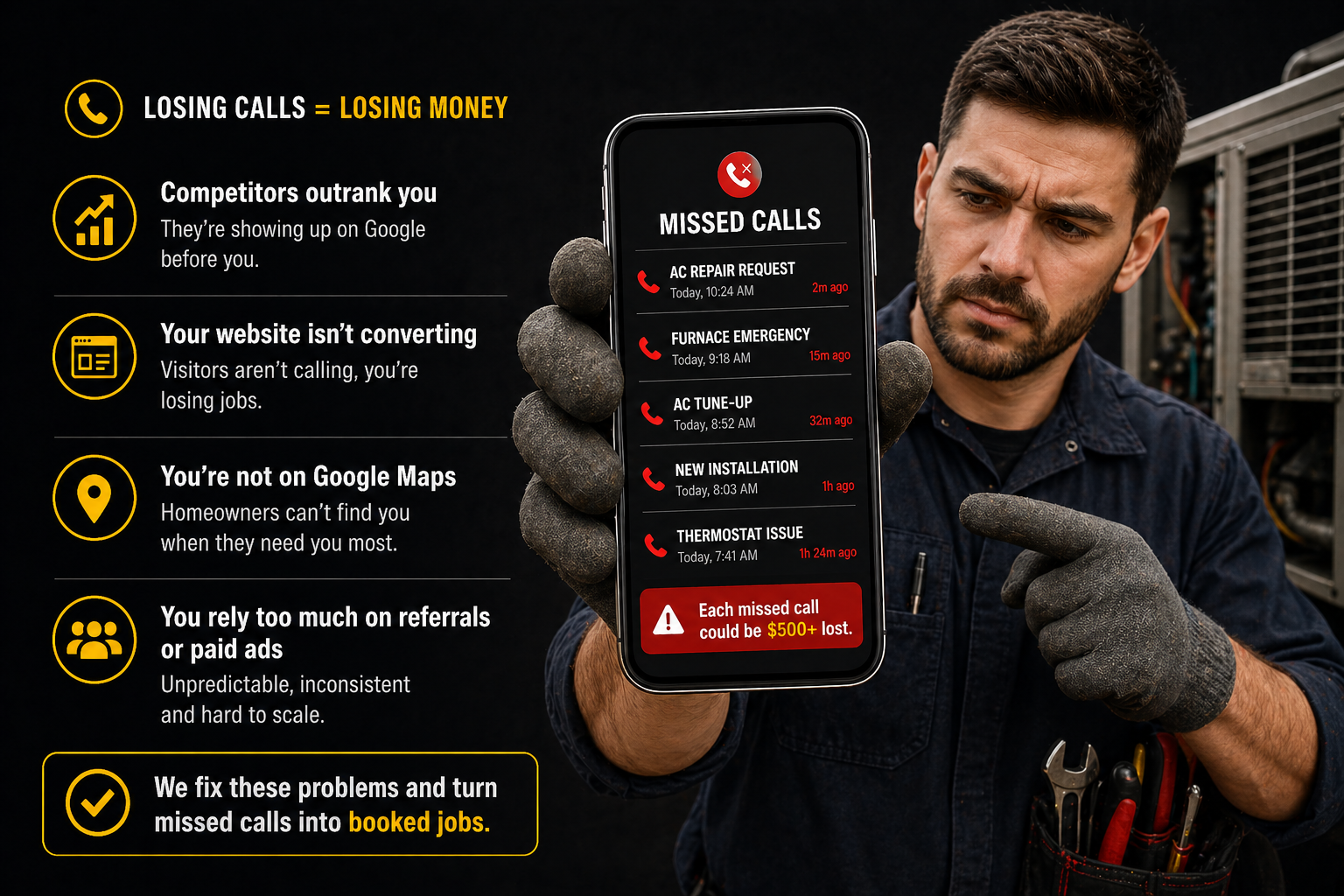 HVAC technician holding a phone showing missed calls for AC repair, furnace emergency, tune-up, installation, and thermostat issues, with text highlighting business problems from losing calls and offering solutions to convert missed calls into booked jobs.