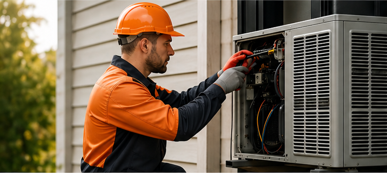 HVAC technician repairing air conditioning unit outside a home in Canada