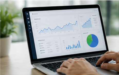 Laptop displaying HVAC SEO analytics dashboard with traffic graphs, rankings, and performance data