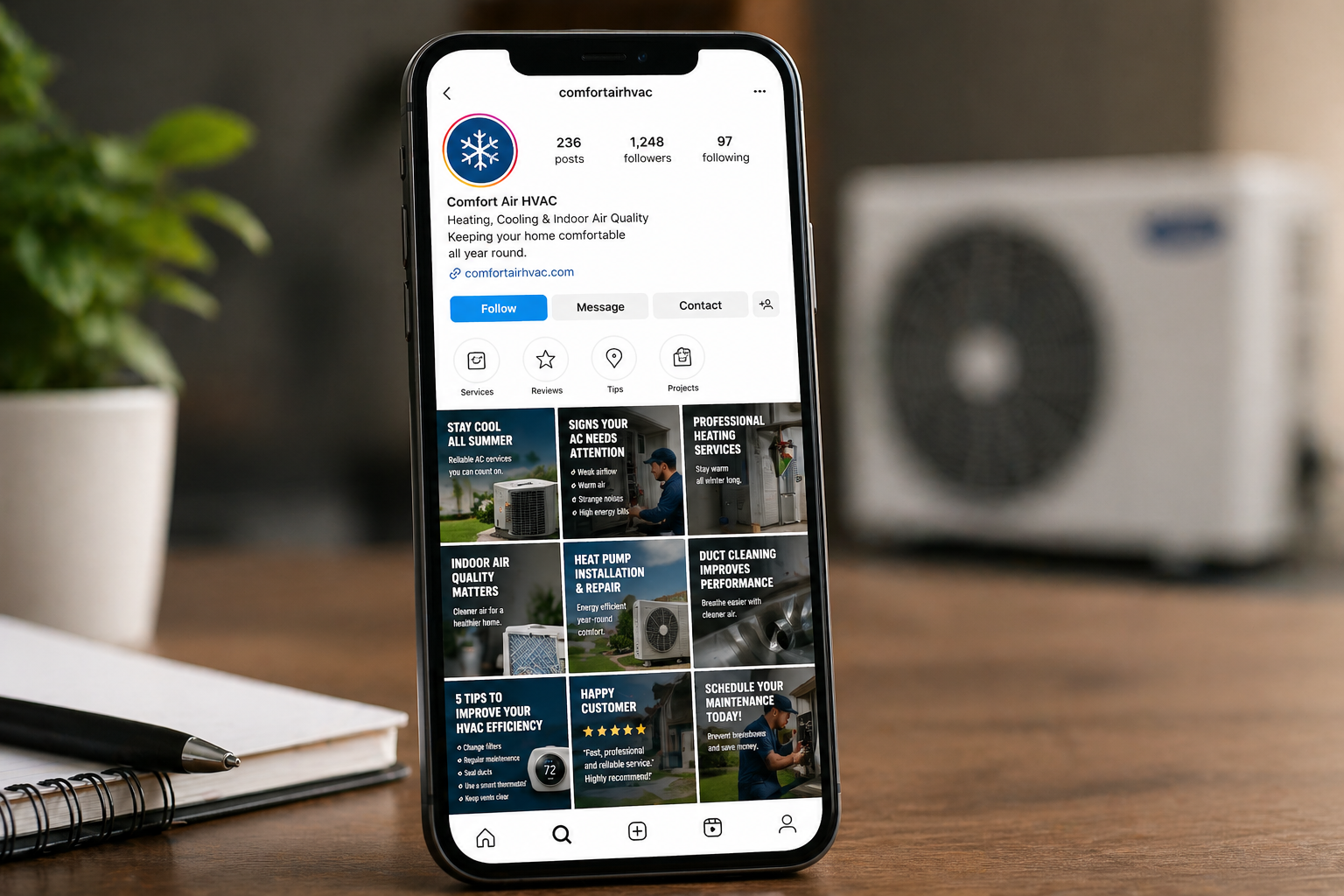 HVAC Instagram page showcasing heating, cooling, air quality, and maintenance content for social media marketing