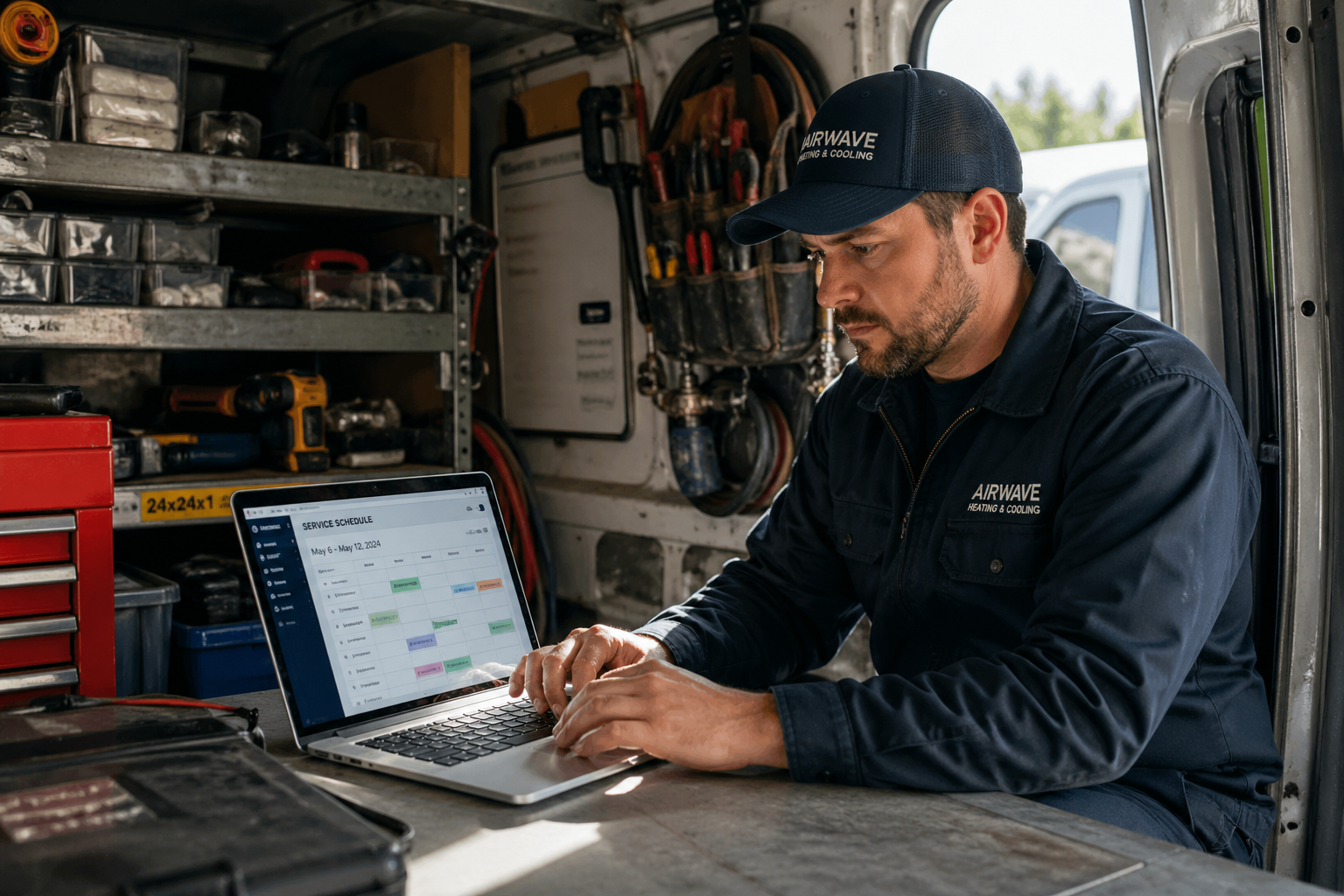 Technician in Airwave Heating & Cooling uniform working on a laptop inside a service van, viewing a service schedule calendar on the screen.