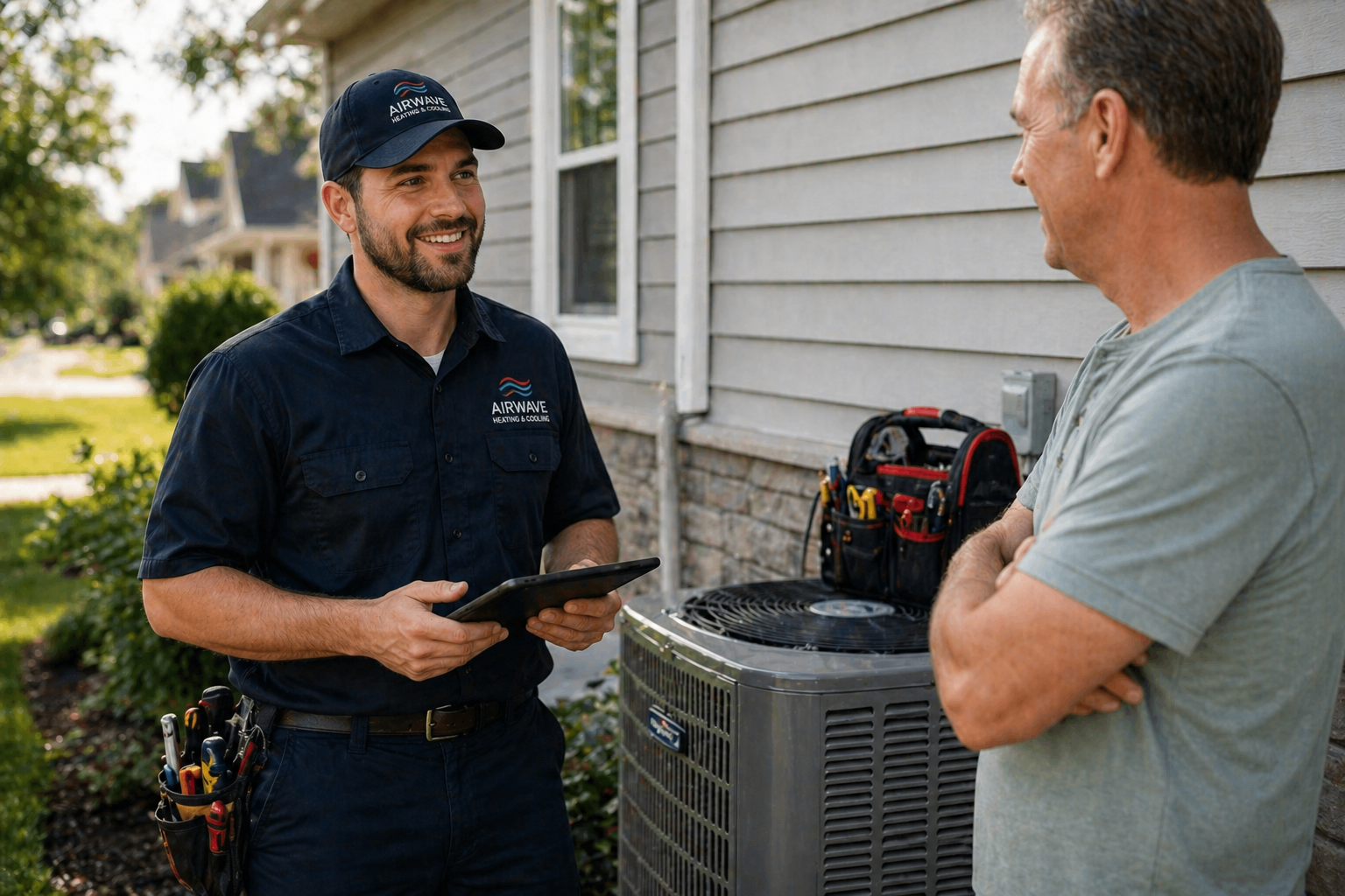 Technician in Airwave Heating & Cooling uniform holding a tablet and smiling while talking to a homeowner beside an outdoor air conditioning unit.
