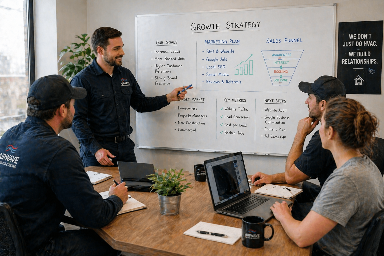 Four people in a meeting room with one man presenting a growth strategy on a whiteboard listing goals, marketing plan, sales funnel, target market, key metrics, and next steps.