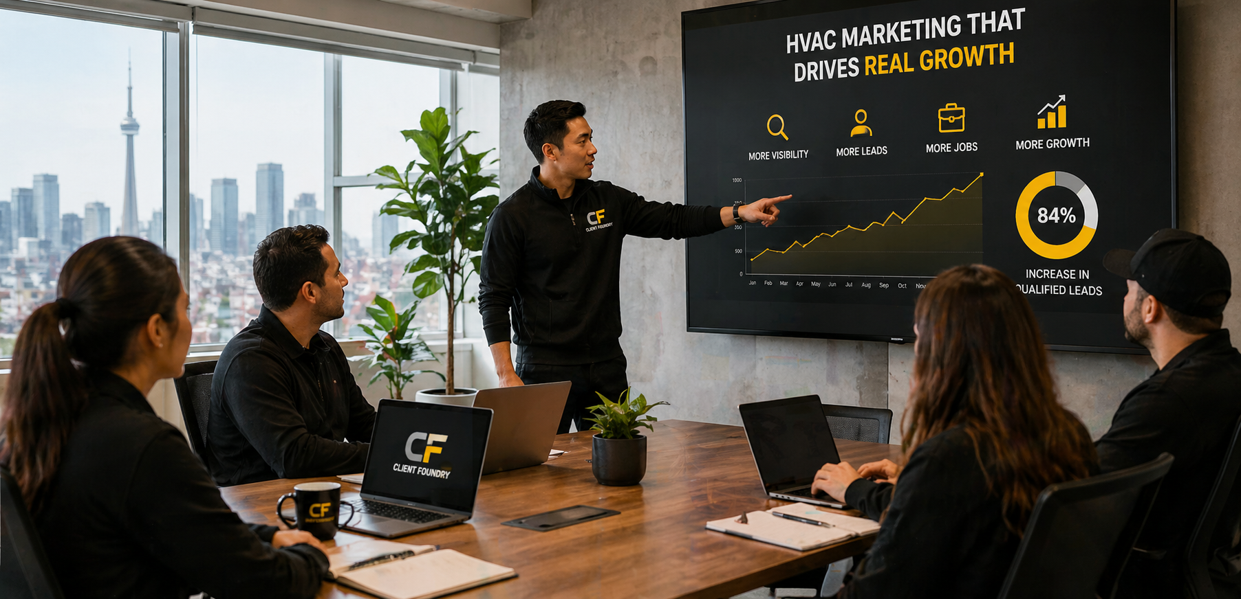 A man in a black Client Foundry jacket points to a screen displaying HVAC marketing growth metrics while four colleagues watch in a modern office with city skyline view.